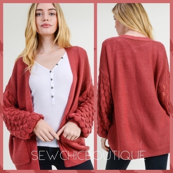 Solid Berry Knit Cardigan w/Scallop Sleeves - Picture 1 of 4